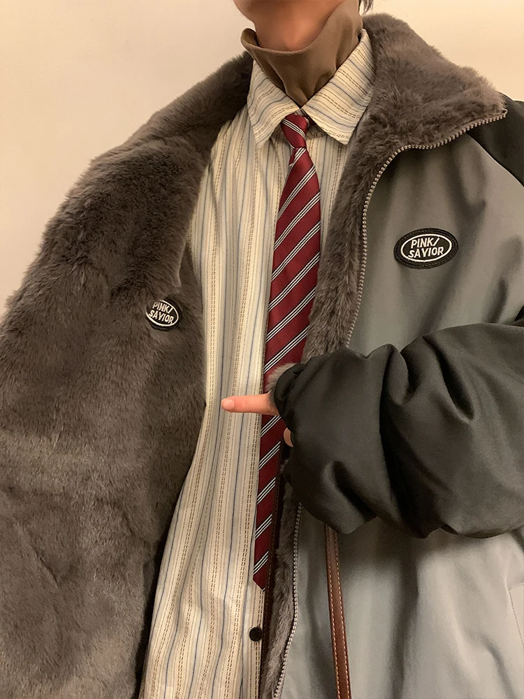 2025 الشتاء الرجال عكسها الصوف مبطن سميكة صوف الضأن معطف رمادي خمر فضفاض المشمش سترة قطن عادية #5