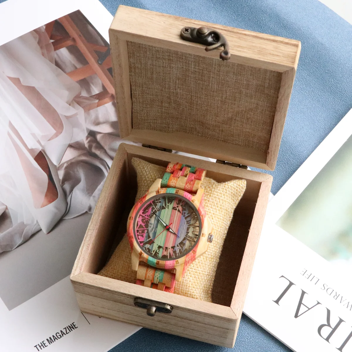 ساعة رجالية من الخيزران الملون، 12 كوكبة بمينا مجوف، ساعة يد كوارتز عصرية، ساعة خشبية للرجال، هدية للرجال