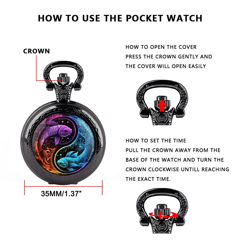 Pisces Star Sign Glass Dome Vintage Quartz Pocket Watch Men Women Pendant Necklace Clock Watch Jewelry Kids Gifts Accessories