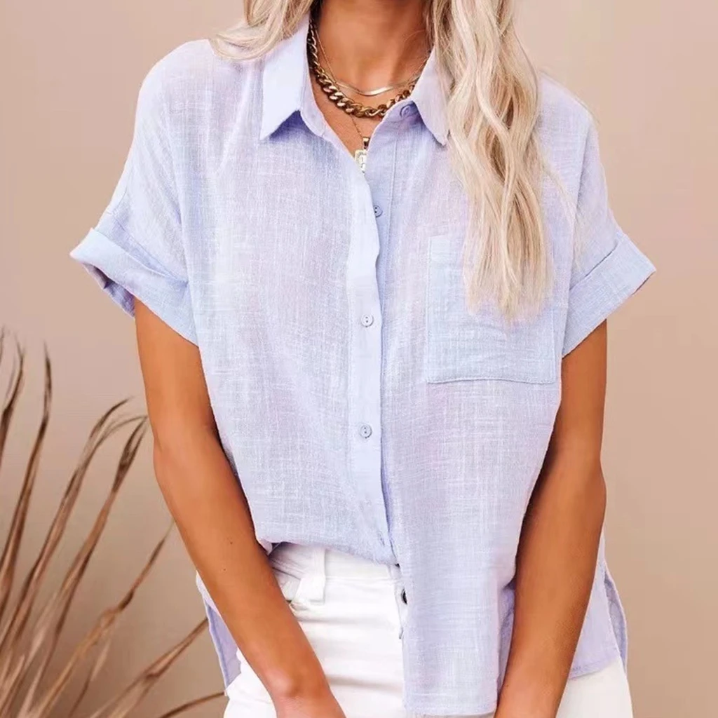 Women's Elegant Summer Cotton Linen Tops Short Sleeve Lapel Button Up Solid Color Shirt with One Pocket  Casual image 3