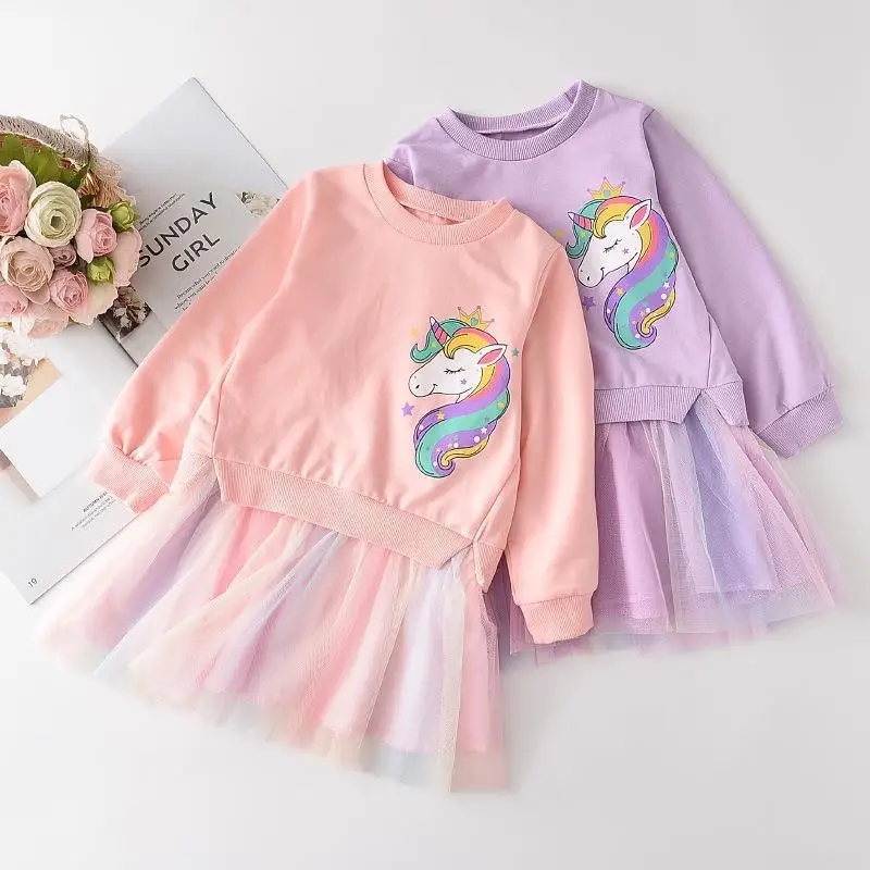 

Unicorn Printed Baby Kids Dress For Girls Spring Autumn Children Lace Rainbow Princess Clothing Birthday Party Outfit 2 To 7 Yrs