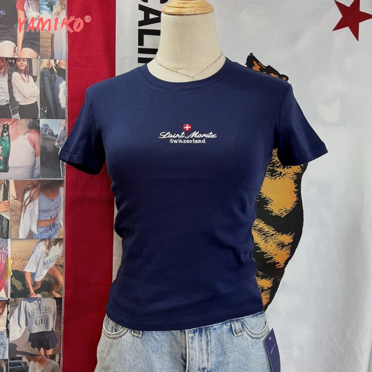 

Switzerland Embroidery T-Shirts Women Summer 2000s Y2K Clothes Short Sleeve Cute Kawaii Tees Tops Youthful Trending T-Shirts