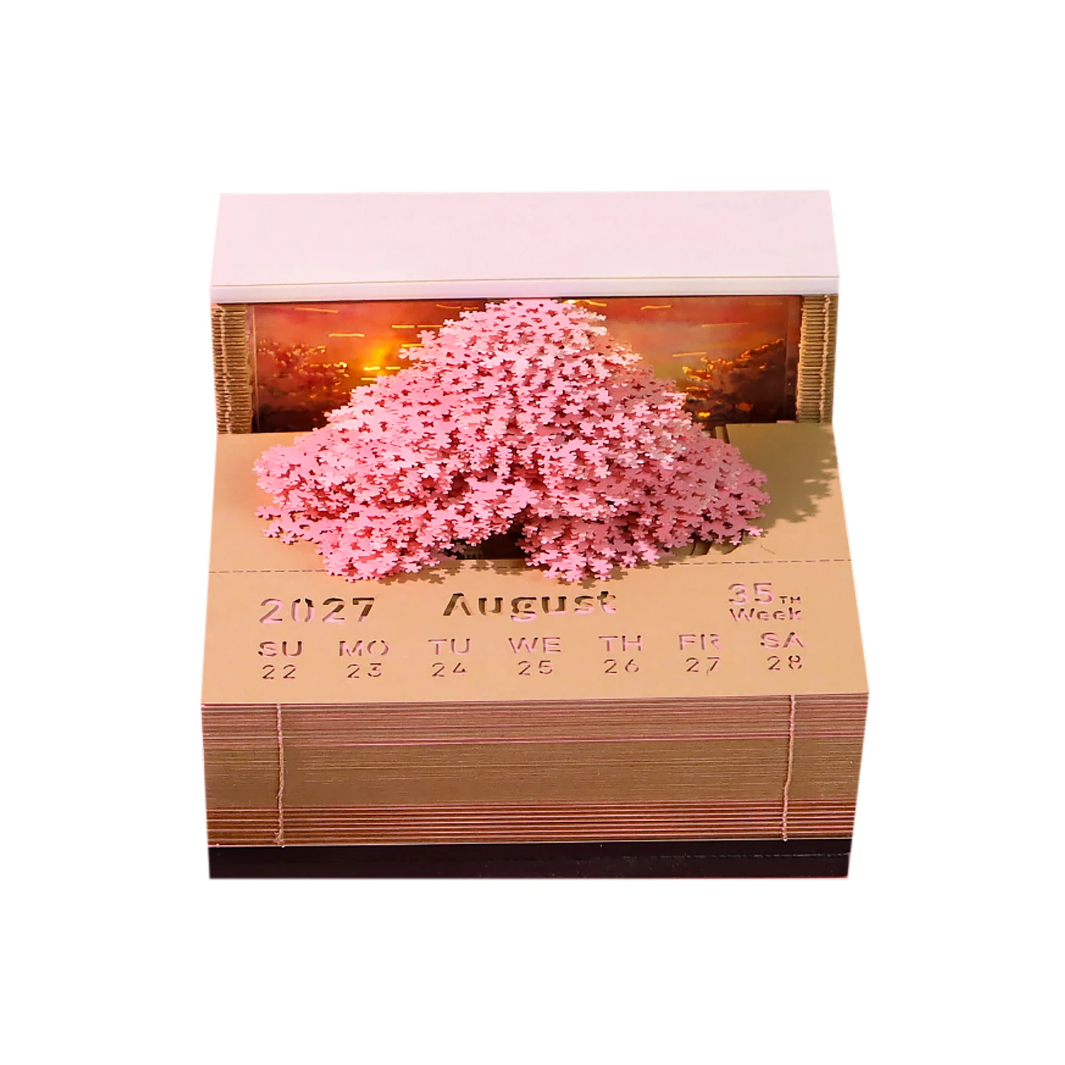 Romantic Sakura Tree 3D Memo Pad with LED Light Breathtaking Detailed Leaves Paper Cube 3D Calendar Style Sculpture Notes Block