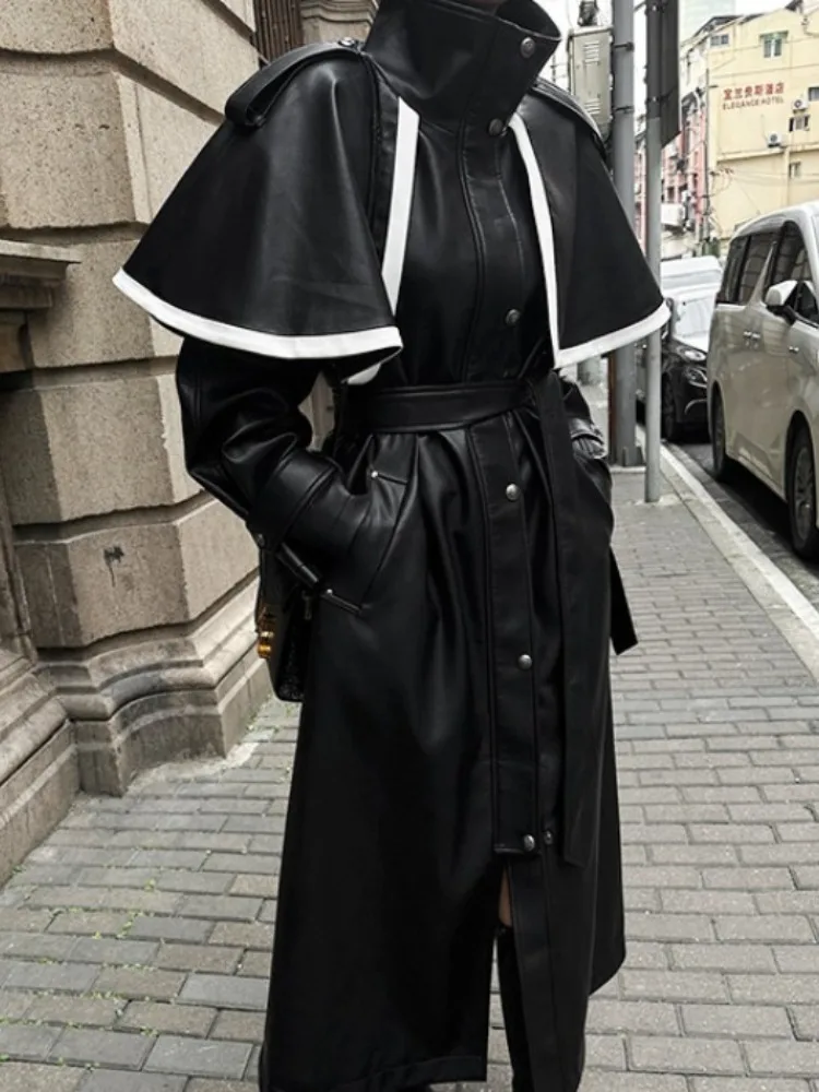 High-end cor blo casaco de couro do plutônio feminino longo sobre o joelho inverno novo sle commute padrão jaet fem outerwear