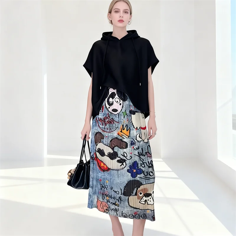 Pleated Clothes 2026 Summer New Elegant Temperament Slit Printed Half Skirt Slim Fit Versatile A-line Skirt