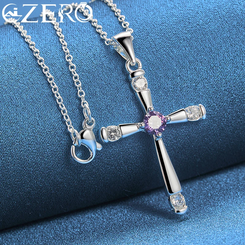 ALIZERO 925 Sterling Silver Purple Zirconia Cross Pendant Necklace With 16-30 Inch Chain For Women Men Wedding Party Jewelry