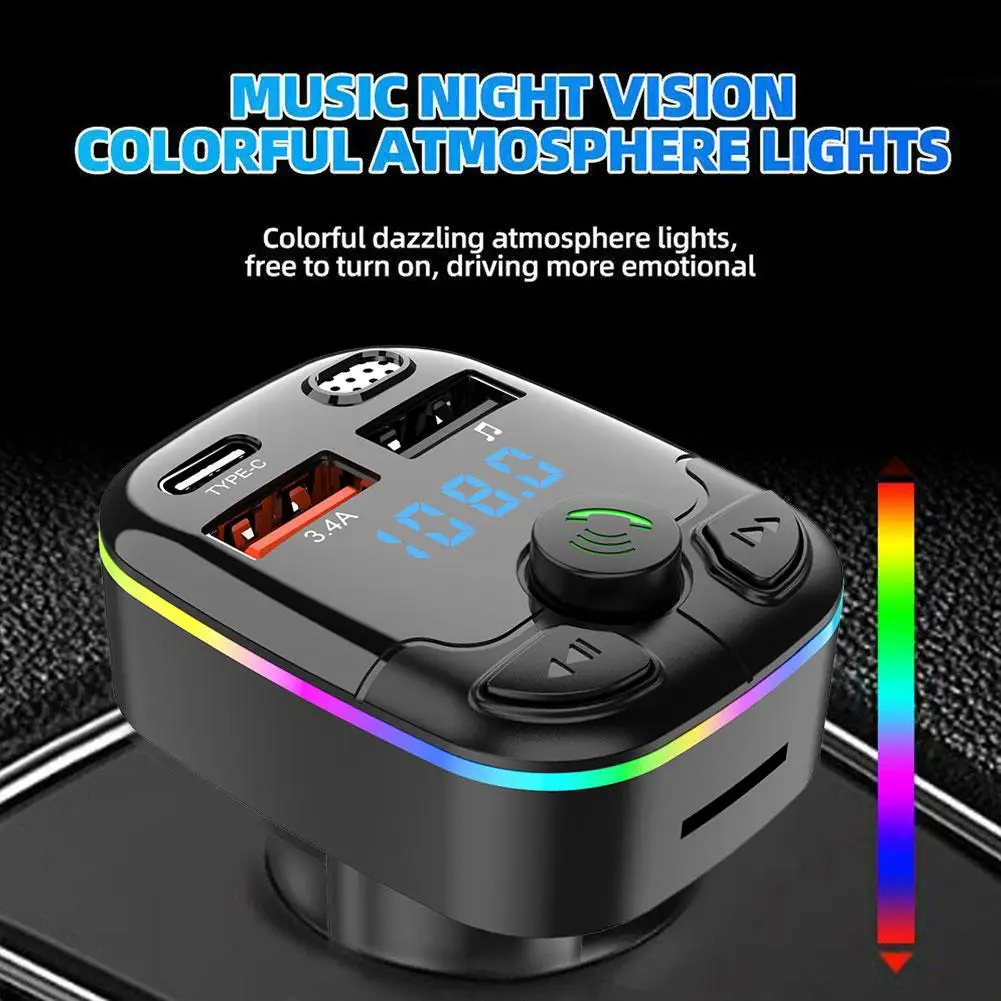 Car Bluetooth 5.0 FM Transmitter PD Type-C Dual USB 3.1A Colorful Ambient Light Handsfree MP3 Modulator Player