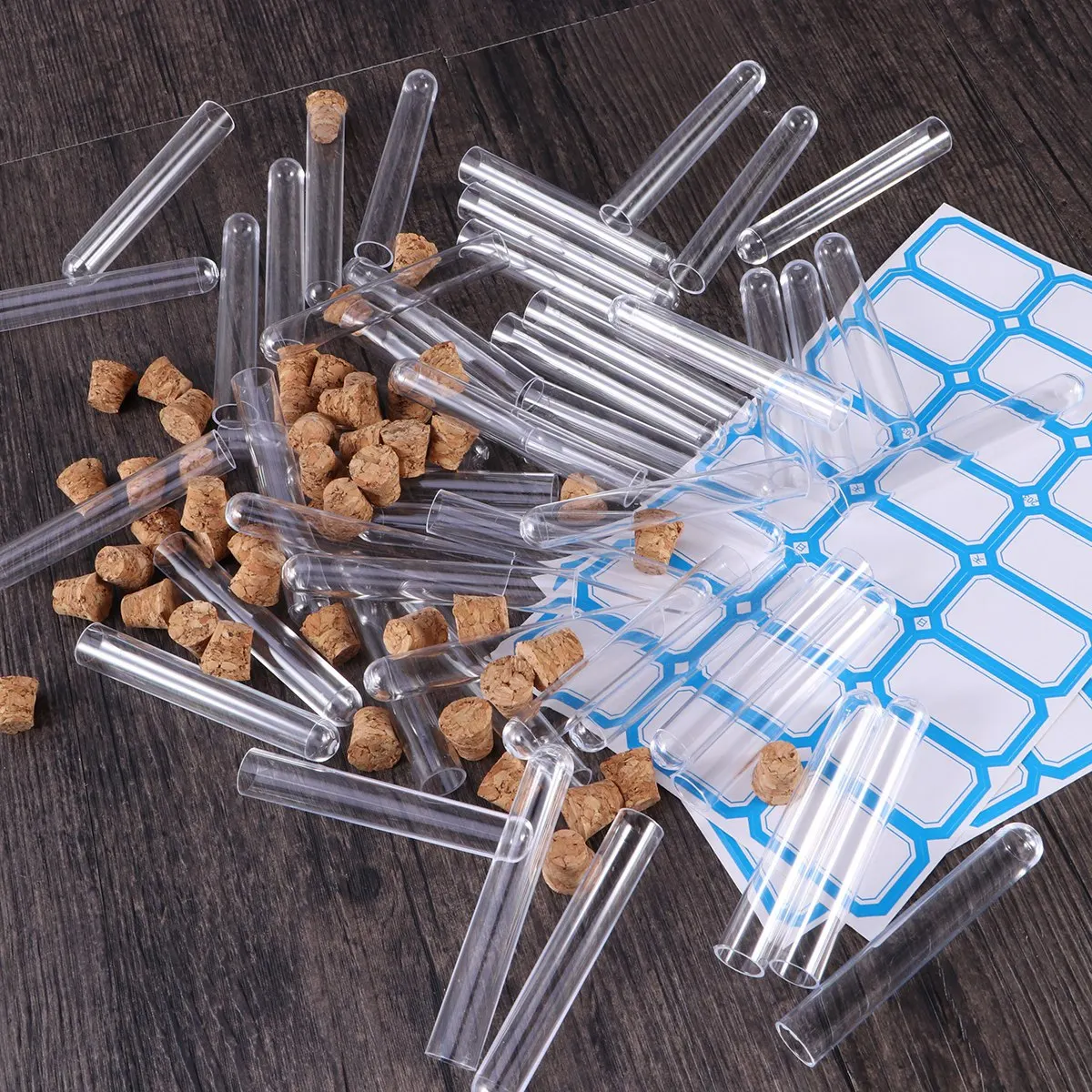 

50pcs 1.2x7.5cm Plastic Clear Test Tubes with Cork Stoppers and Brush for Scientific Experiments Powder Liquid Storage (50pcs wi