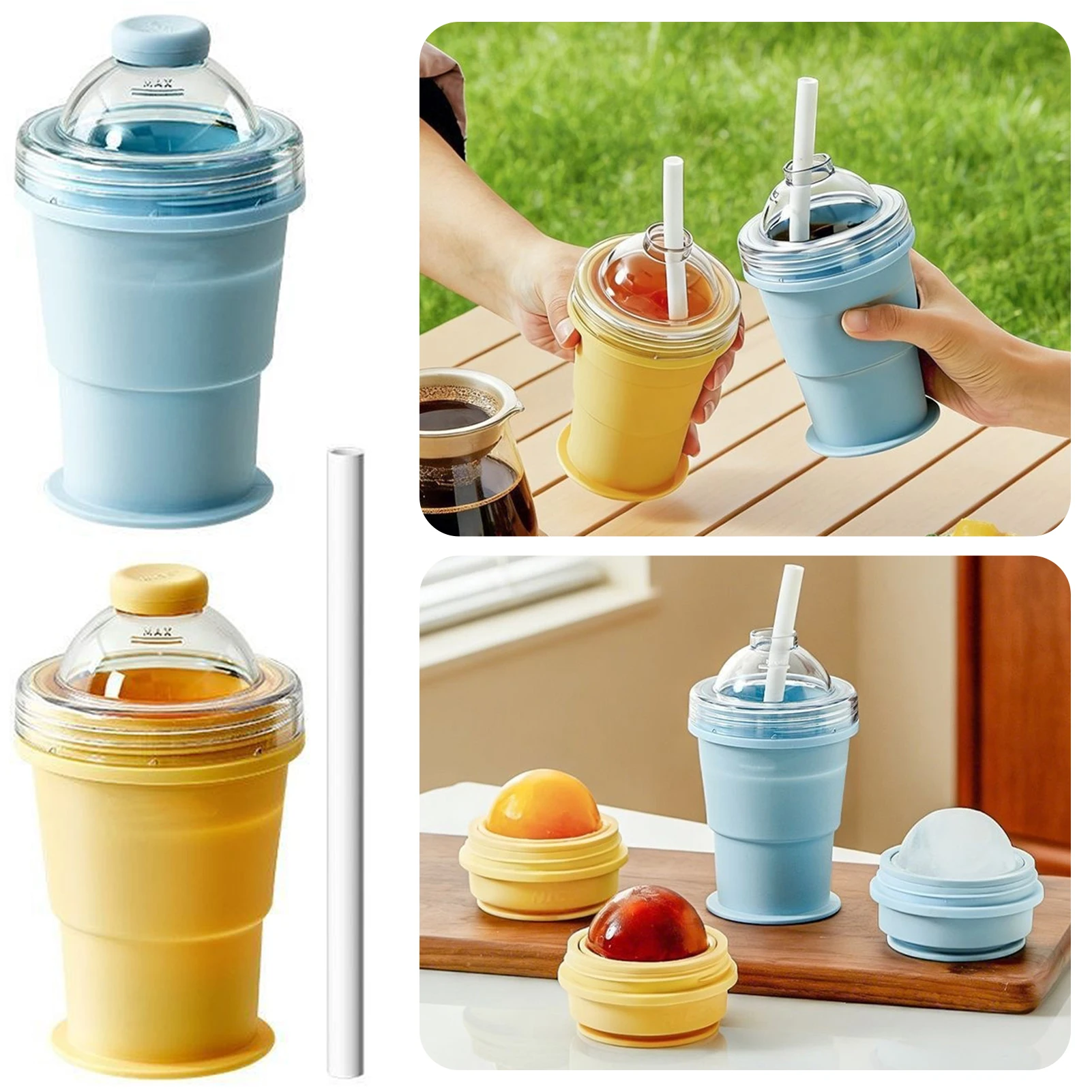 2-in-1 zusammenklappbarer Silikon-Eisball-Maker, auslaufsicherer, wiederverwendbarer Silikon-Wasserbecher für Eis, Kaffee, Säfte, Sommer-Küchen-Gadget