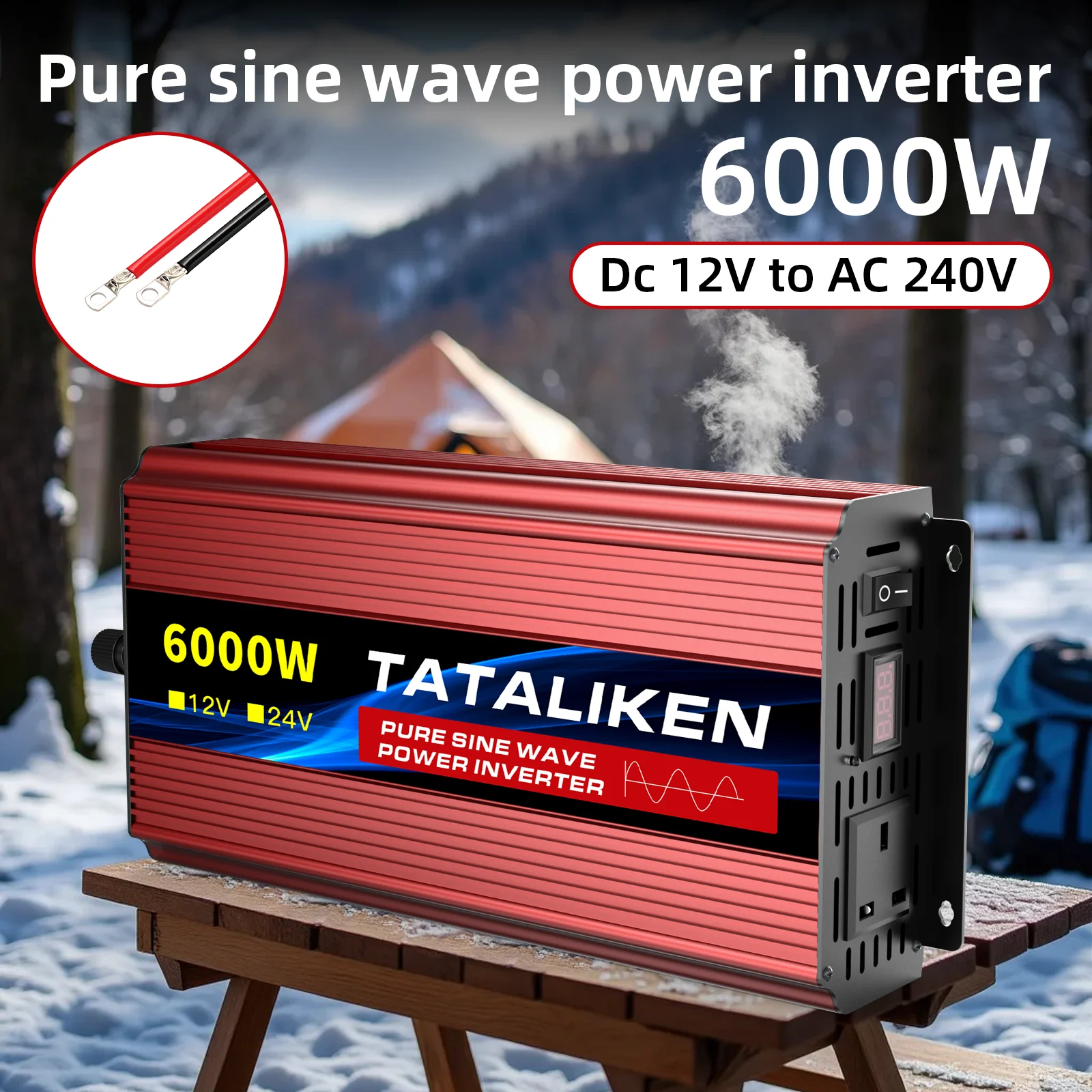 

3500W Car Inverter Pure Sine Wave 12V-240VAC LCD Voltmeter Dual UK Outlets+USB Quick Charge Smart Fan for Vehicle/Outdoor