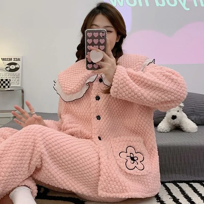 2024 New Pajamas Female Coral Velvet Thickened Sleepwear Autumn Winter Flannel Sweet Student Homewear Fleece Warm Loungewear Set