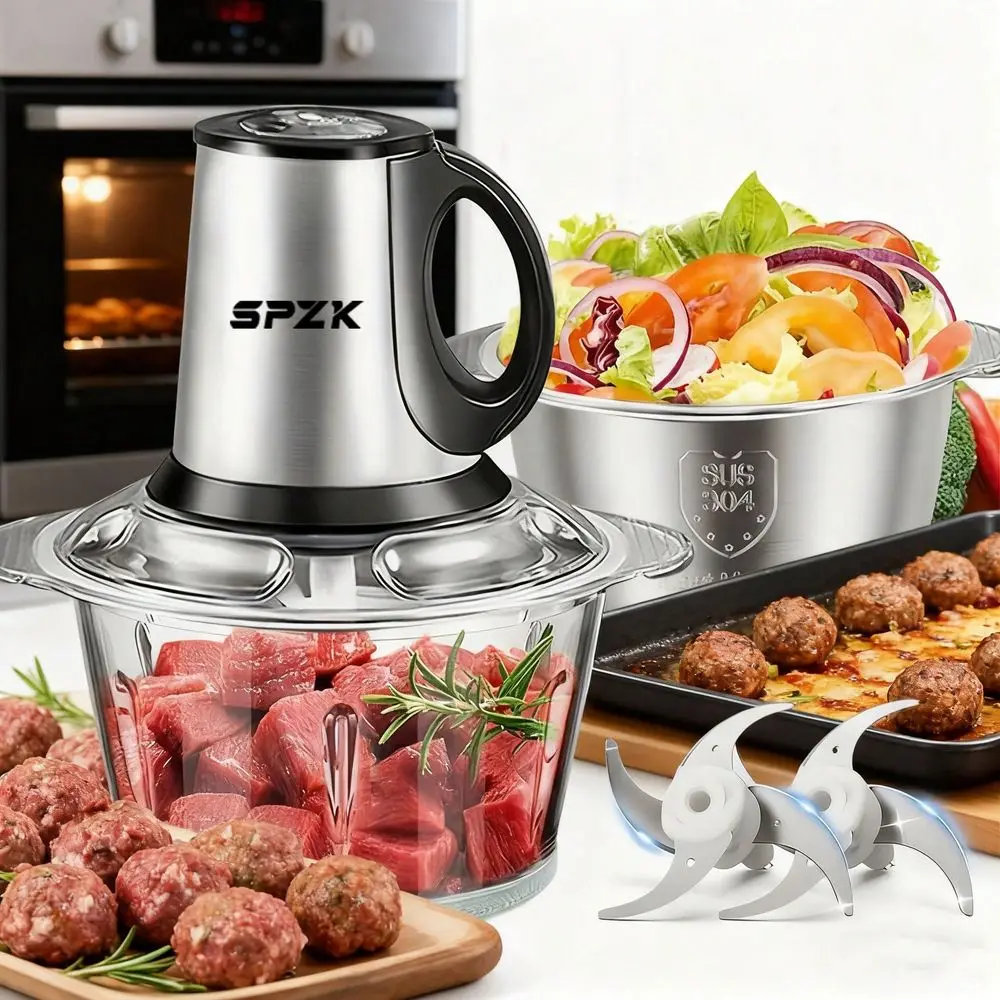 US Plug 3-Speed Food Chopper, Food Processor Electric Dough Mixer, 1.32gal Large Apacity Meat Grinder With Blades, Stainless St