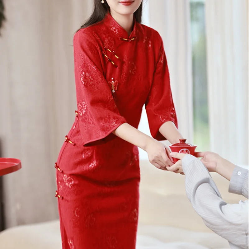 Women Bride Wedding Dress Qipao Lace Print Cheongsam Vintage Button Chinese Dress Autumn Mandarin Collar Vestidos Plus Size 3Xl