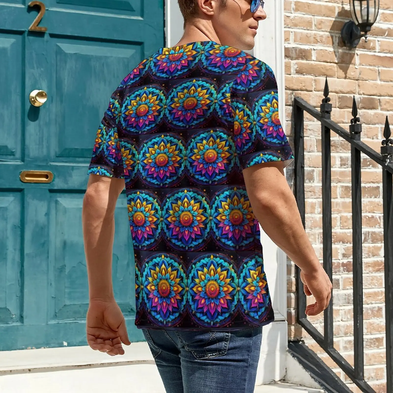 Summer T-Shirt Colorful Neon Mandala Print T Shirts  Y2K Fun Hip Hop Tees For Man Short Sleeve Graphic Plus Size Clothes