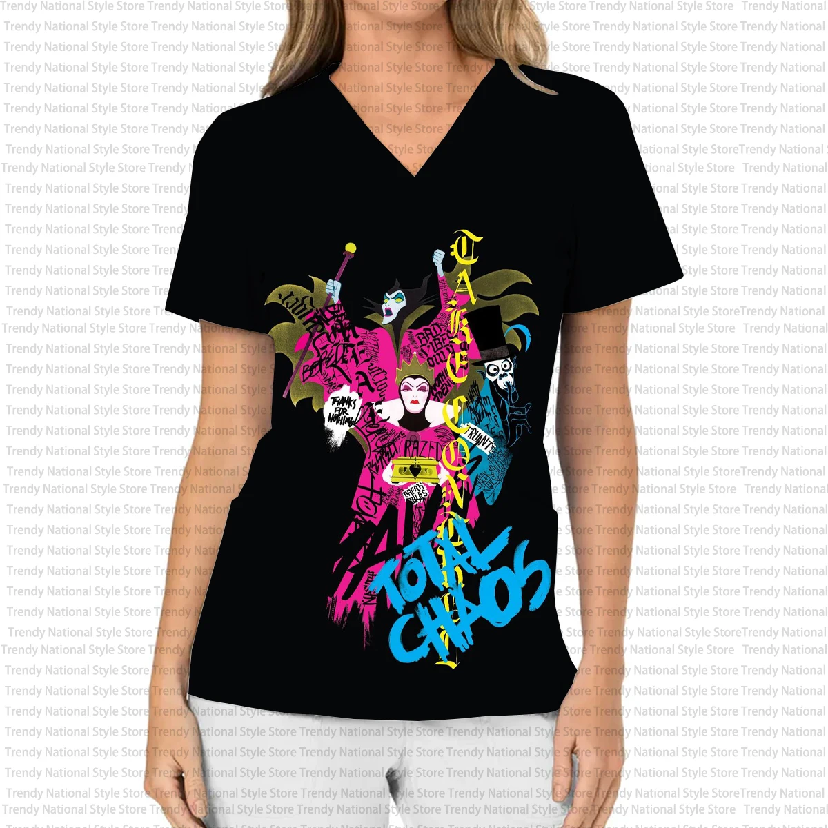 ハロウィンディズニー睡眠悪魔プリント女性の作業服女性の V ネックポケットスクラブトップ医療研究所看護 Tシャツ