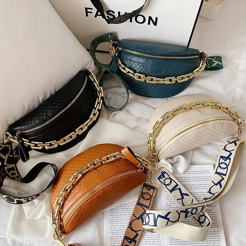 New Luxury Chain Chest Bags for Women High Quality PU Shoulder Bag Cute Purse and Handbag Brand Woven Crossbody Bag Waist Pack