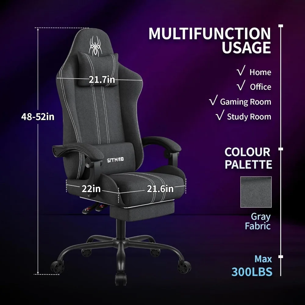 كرسي ألعاب مريح من القماش مع مسند للقدمين، كرسي كمبيوتر مسامي للكبيرة والطويلة، وسادة داعمة للفقرات القطنية، ألعاب مريحة #3