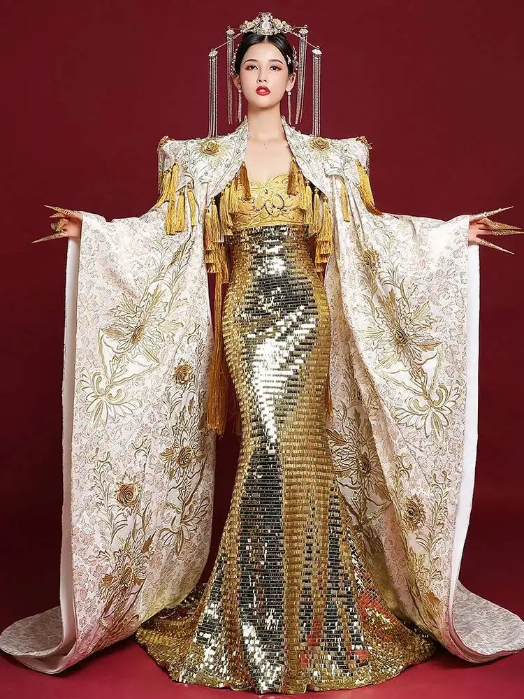 

Высококачественная элегантная китайская шикарная одежда для подиума в китайском стиле, сексуальное длинное темпераментное платье для выступлений в китайском стиле Хан Фу