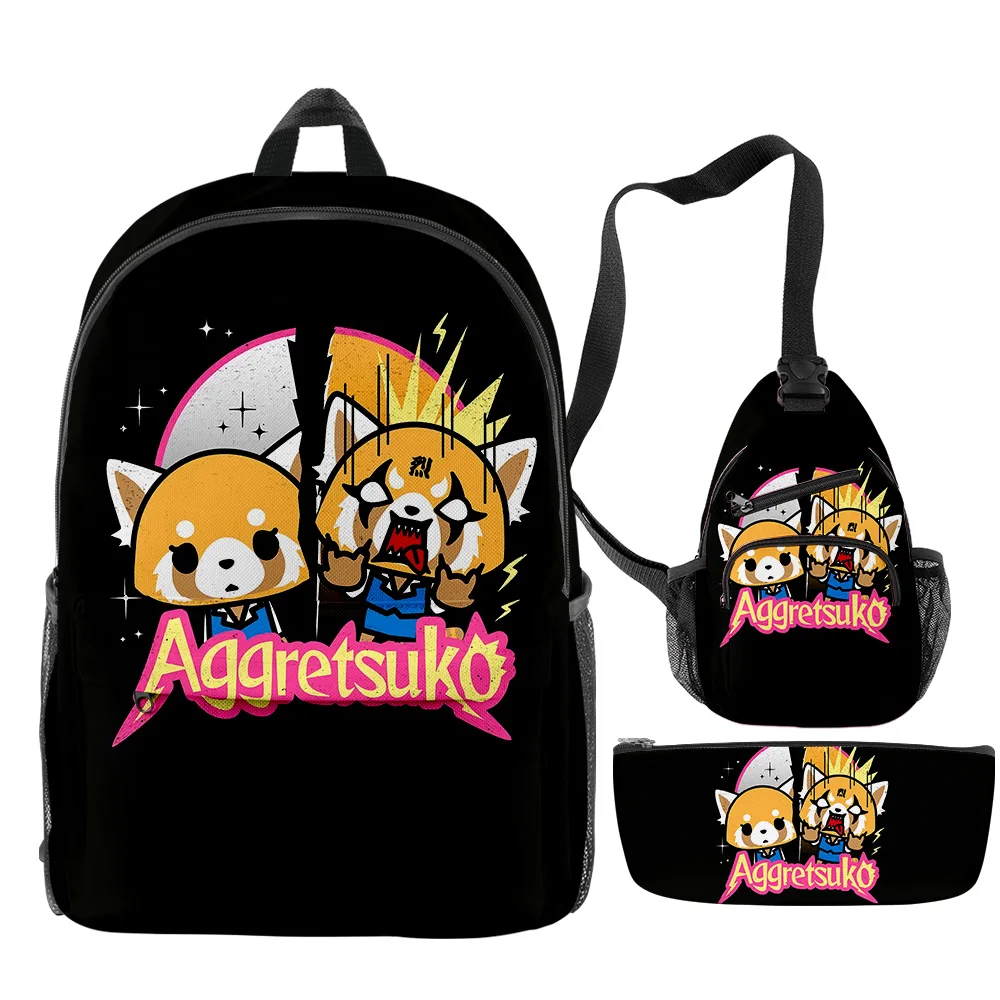 

Fashion Youthful Funny Aggretsuko 3pcs/Set Backpack 3D Print Bookbag Laptop Daypack Backpacks Chest Bags Pencil Case