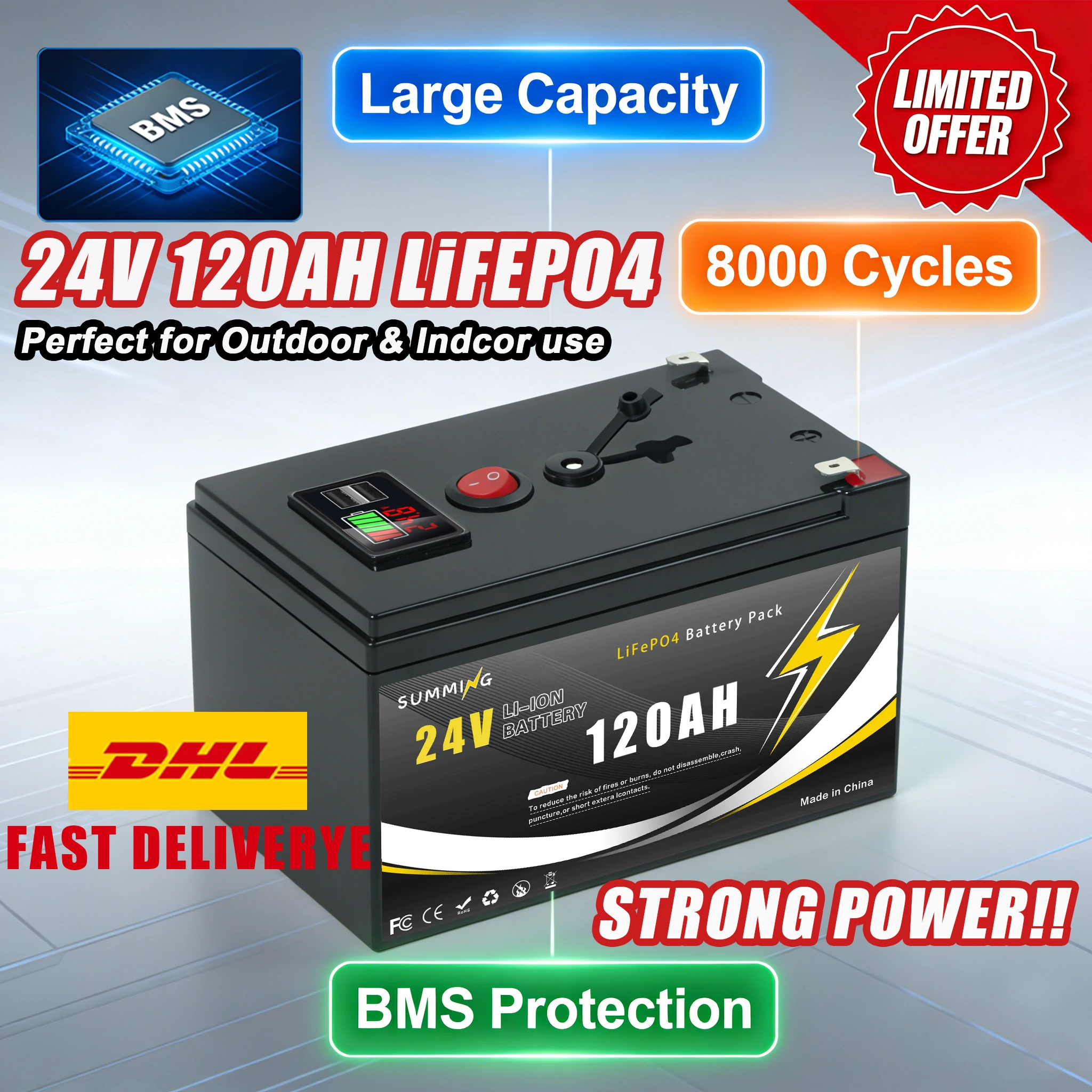 

120AH24V Rechargeable Battery Lithium Iron Phosphate Battery with BMS forUPS,ReliableRV, Off-Grid, Marine&Solar Applications