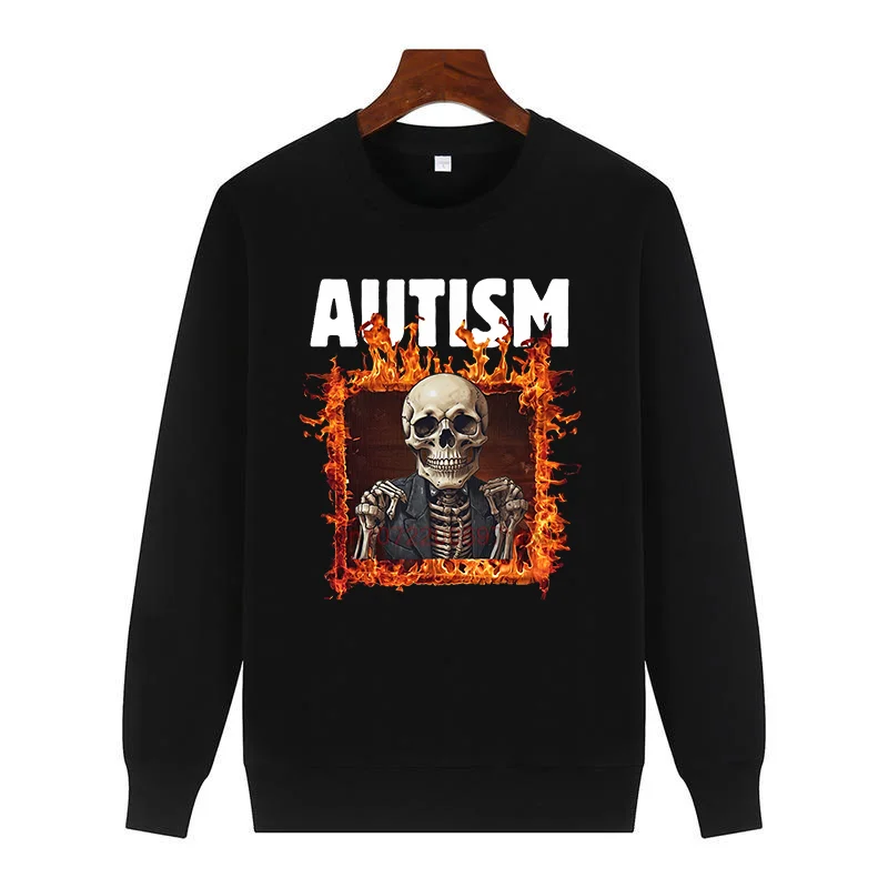 

Зимний свитер с аутизмом, скелет, мем, пламя, череп на огненне, толстовки с рисунком на Хэллоуин, флисовый пуловер с круглым вырезом, мужская одежда