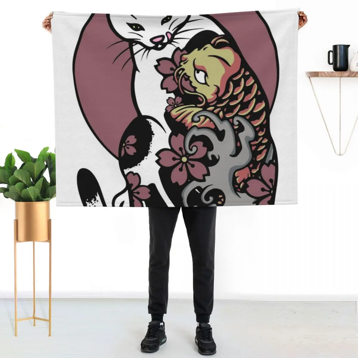Monmon cat - Cat with japanese tattoo -Ko? Fish Throw Blanket for sofa Shaggy Beautifuls manga Blankets