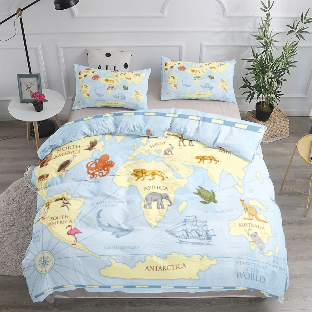 World Nautical Map Duvet Cover Set King Queen Double Full Twin Single Size Bed Linen Set