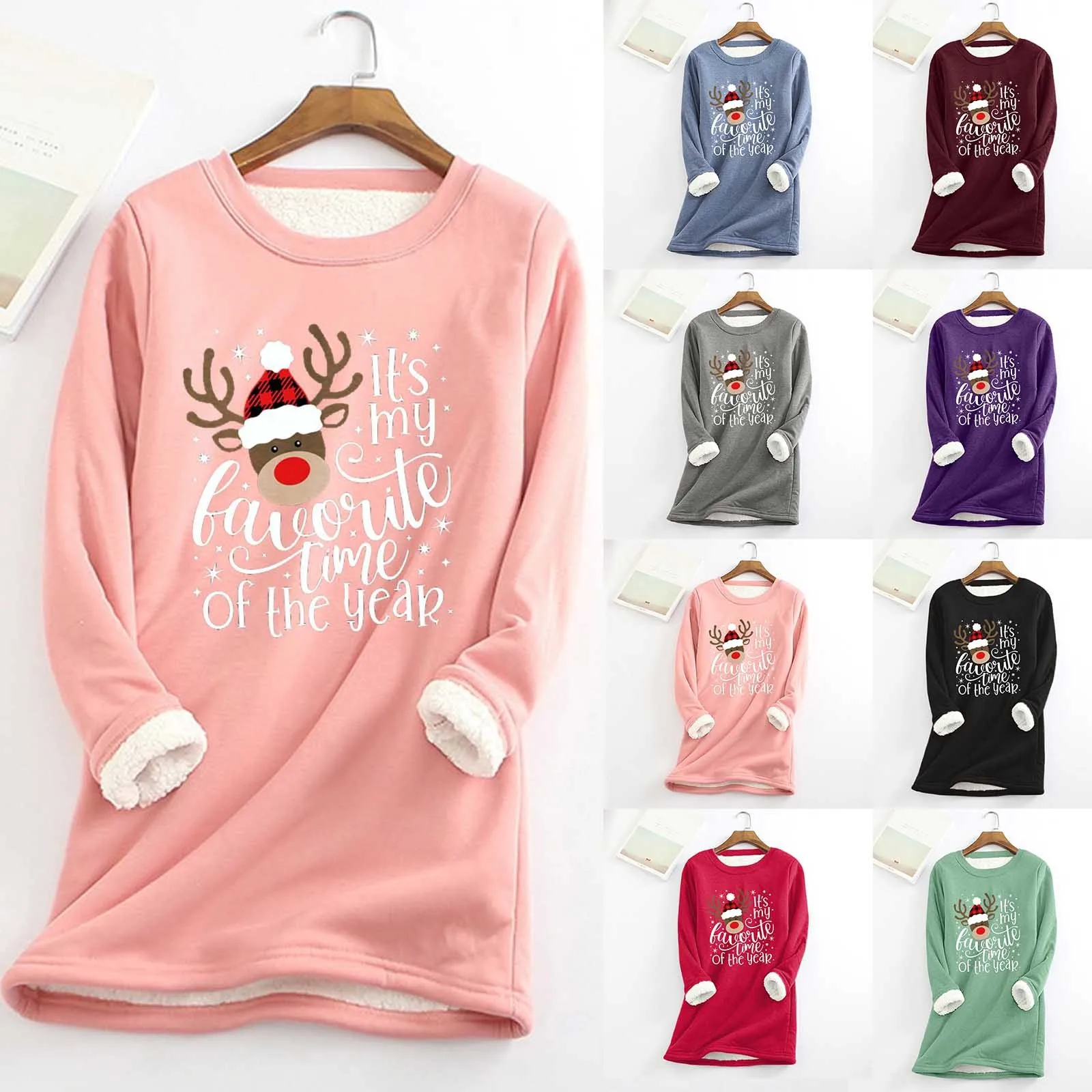 

Fall Winter Women Warm Sweater Elk Lette Print Thick Fleece Christmas Hoodies Sweatshirt O-Neck Soft Underwear Top New Clothing