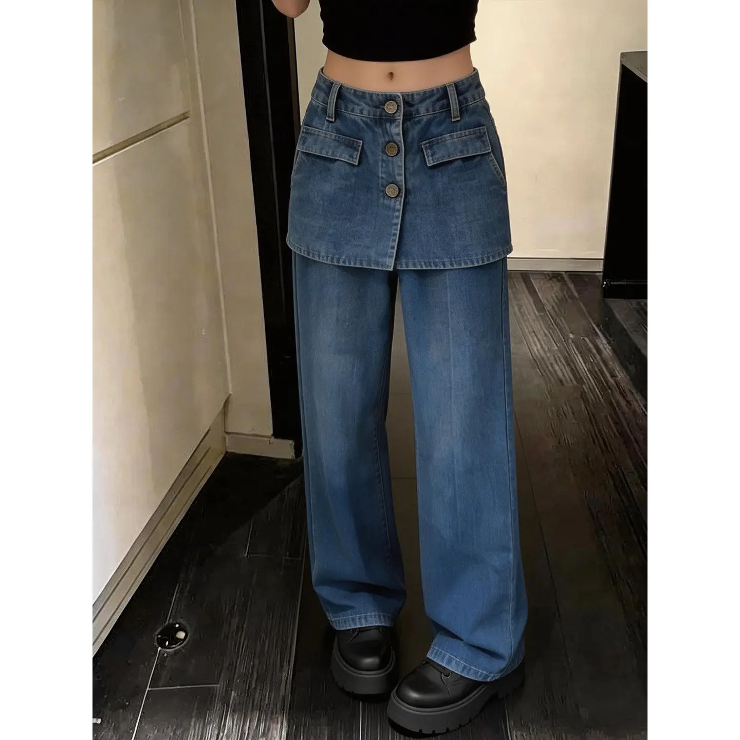Harajuku Chic Blue Denim Skirt Overlay Wide Leg Pants High Waist Button Detail Layered Jeans For Women Streetwear Trendy Outfits
