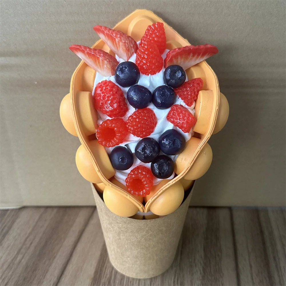 Fruits Bubble Waffle Model Ice Cream Order Display Sample Decoration Artificial Plastic Street Snacks Long Life Whipped Cream