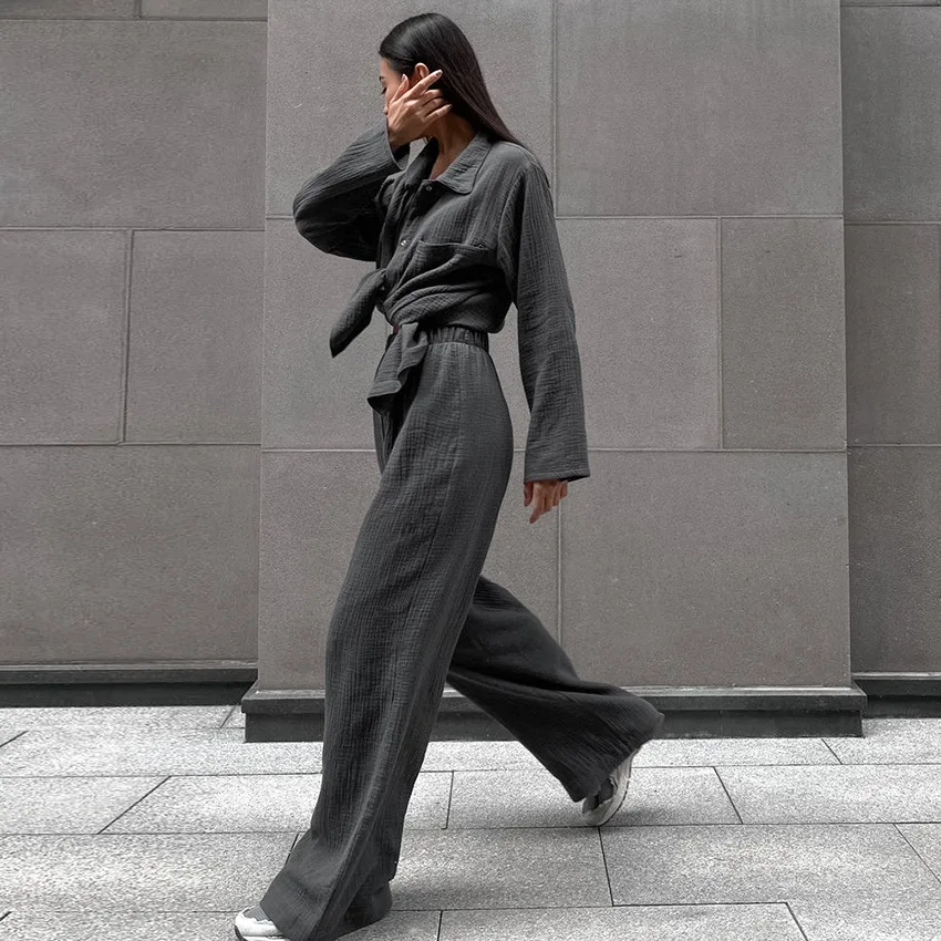 Gray Cardigan Cotton Pajamas Sets Casual Soft Outerwear 2PCS Solid Long Sleeve Women's Home Nightgown 2023 Autumn Loose Pyjama