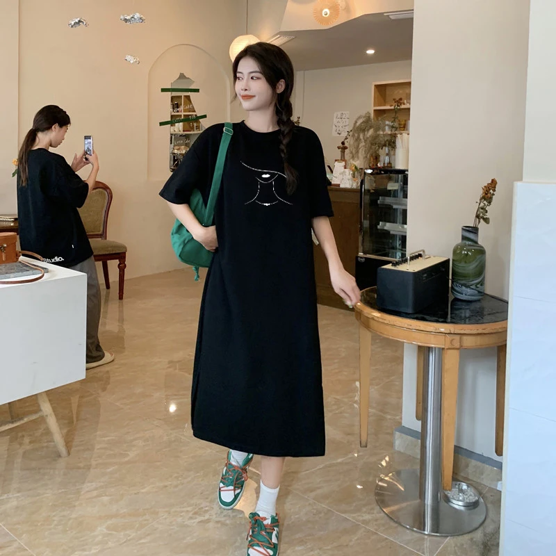 Summer New plus Size Loose Women's Nightgown Long Dress Simple Print Casual Cotton Sleepwear for Pregnant Women Outdoor Wear
