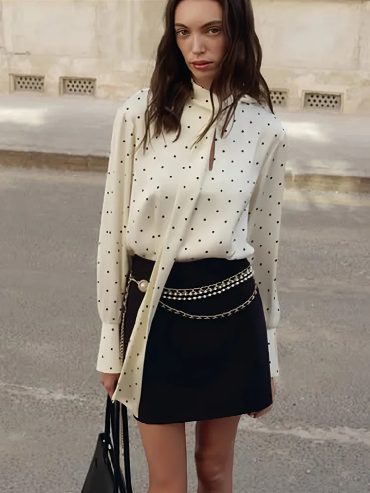 

Absobe Women's Elegant Polka Dot Satin Blouse Halter Lace-up High-collor Long Sleeve Loose T-Shirt Commuter Lady Elegant Outfit