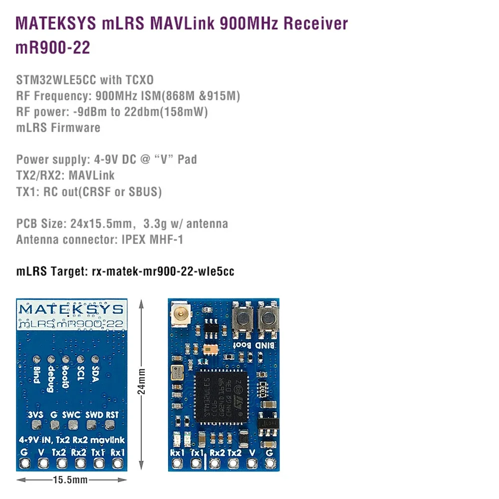 MATEKSYS MLRS MAVLINK 900MHZ RECEIVER, MR900-22 900 MHz LoRa, 22 DBm RF Power 4-9V for Long Range RC FPV Drone