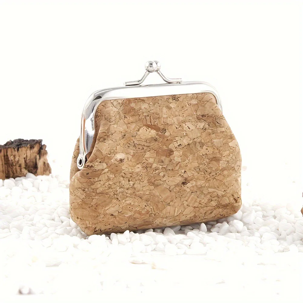 High Quality Solid Beige Kiss Lock Cork Coin Purse Natural Cork from Portugal Mini Coin Bag for Women Child