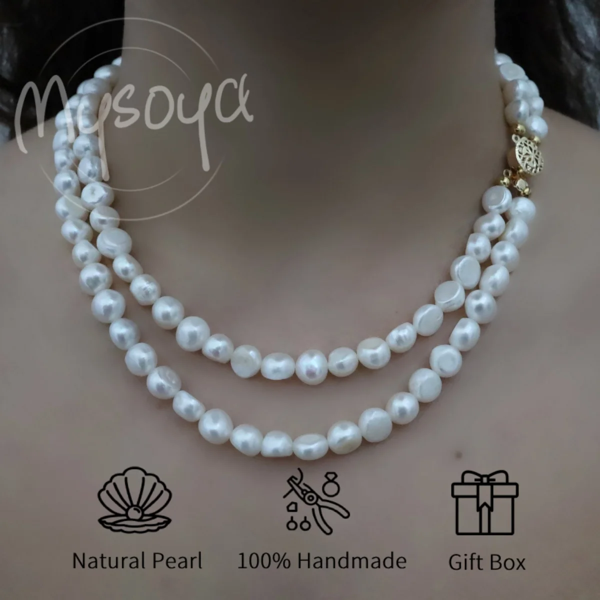 

MYSOYA 2-layer Pearl Necklace Baroque Pearls 7-9mm Pearls, with Gift Box, for Him/ Her Suitable for Thanksgiving