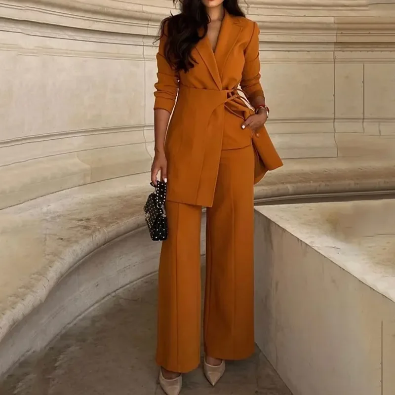 

Women Two Piece Set Autumn Fashion Solid Lapel Long Sleeves Blazer Casual Loose with Pockets Pants Sets High Streetwear