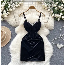 Elegant V-neck Vintage Sleeveless Chic Rhinestone Slim Straps Velvet Dresses French Evening Party High Street Summer Clothing