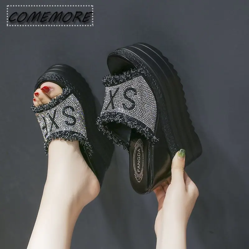 Platform Flip Flops Shoes Woman\'s 2025 Trend Wedge Heel Summer Casual Crystals Round Head Footwear High Heeled Outside Slippers