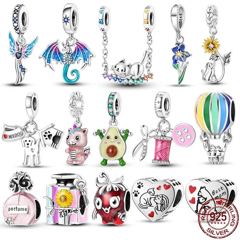 Original 925 Sterling Silver Avocado Lifting Dumbbells Charm Cat Rainbow Swing Fit pand 3mm Bracelet DIY Bead Ms Jewelry Gift