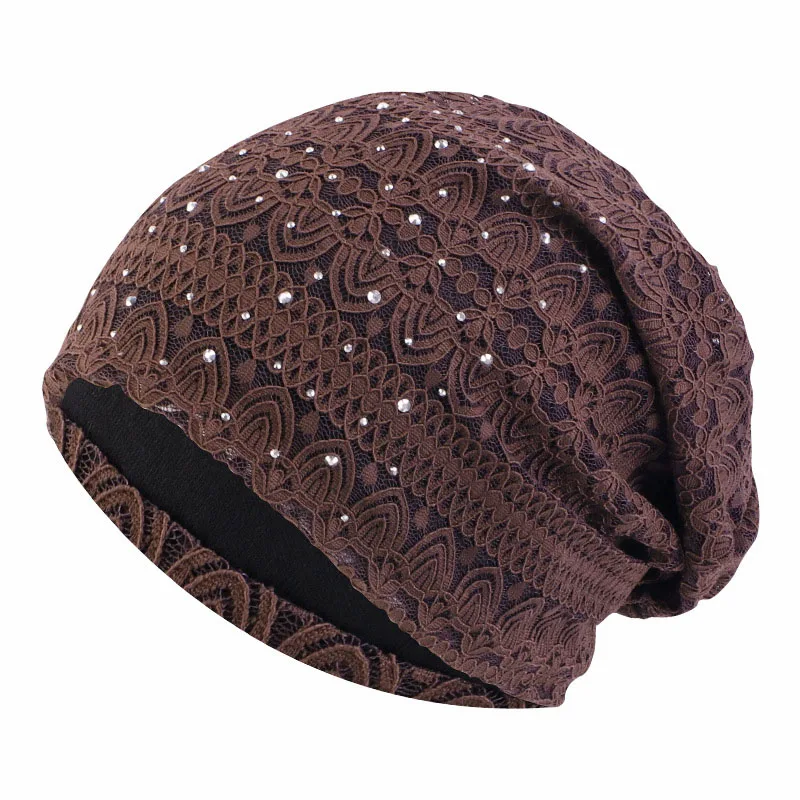 Women Elastic Turban Muslim Lace Rhinestone Hijab Islam Sleep Night Caps Chemo Pullover Hat Ladies Scarf Headwrap Baggy Beanies