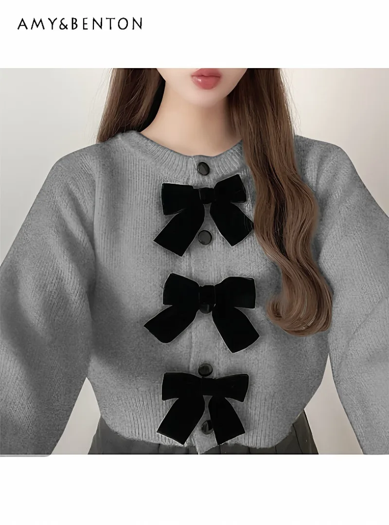 

Осень-зима, японский милый универсальный однобортный вязаный кардиган с бантом и круглым вырезом, модный стиль для поездок на работу, элегантные кардиганы