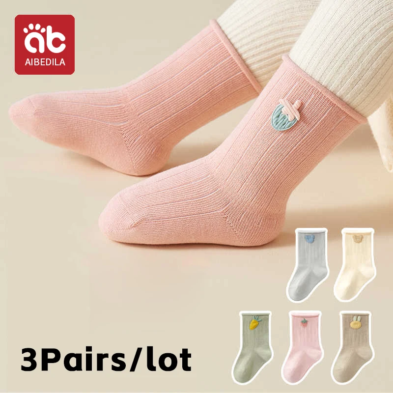 AIBEDILA 3 Pairs Unisex 100% Cotton Baby Girl Socks Non-Slip Solid Color Elasticity Newborn Baby Boy Socks Infant Accessories