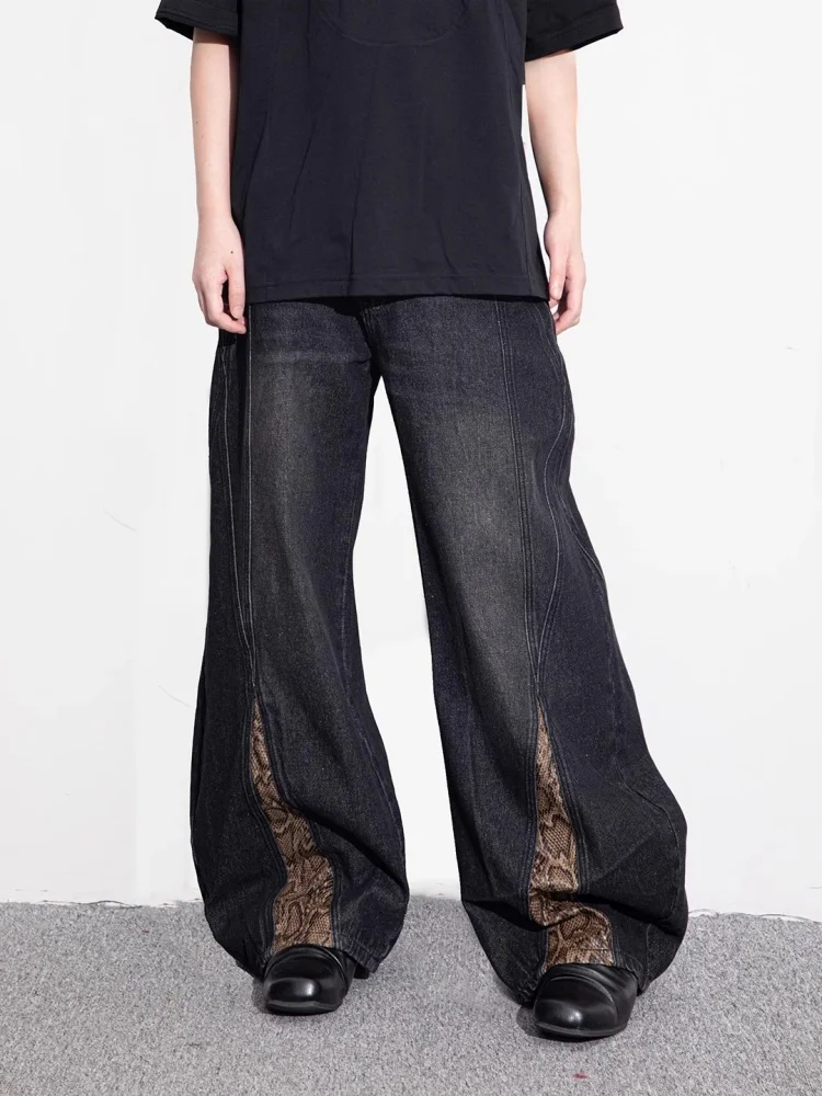 2026 Cyber Y2K Streetwear Snake Pattern Patchwork Black Baggy Jeans Pants For Men Clothes Straight Fashion Cotton Long Trousers