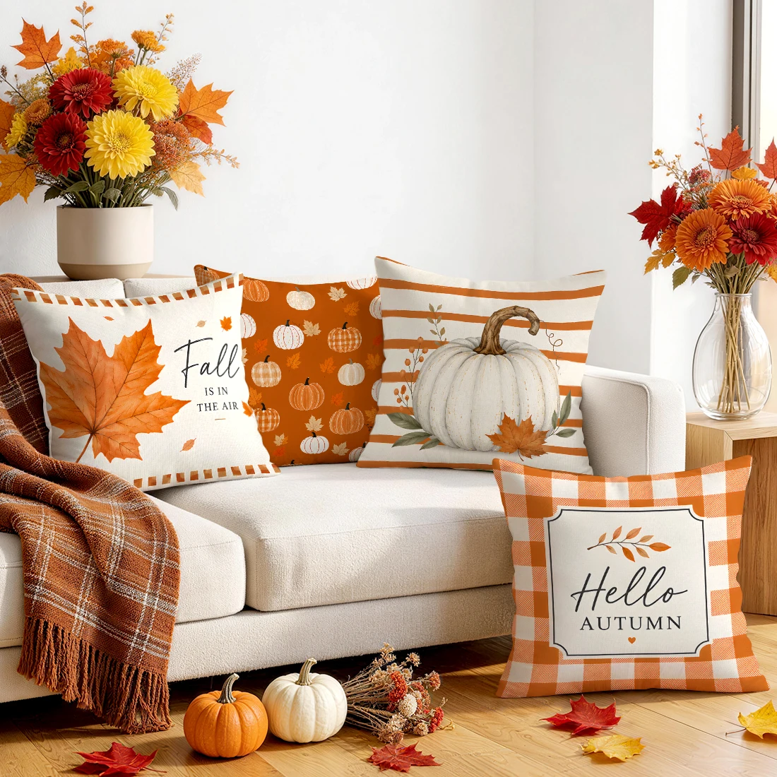 Orange Striped Autumn Text Pumpkin Cushions Pillowcase Polyester Cushion Cover Throw Pillow Pillowcover Home Car Sofa Decor
