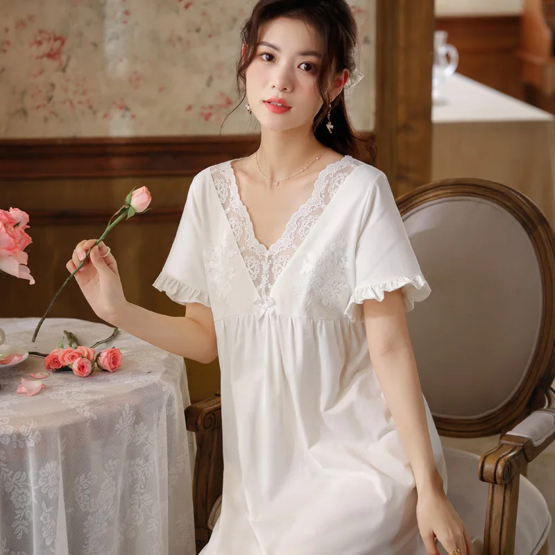 Sexy Lace V Neck Night Dress Women Cotton Sleepwear Short Sleeve Long Robe Loungewear Princess Nightwear White Vintage Nightgown