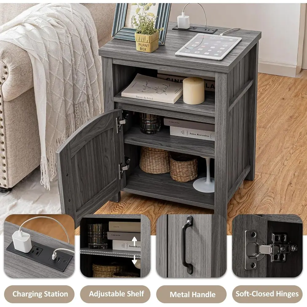 Set of 2 18 Nightstands with Charging Stations, Adjustable Shelving, Rustic Wooden Side Tables for Living and Bedroom, Gray - view 5