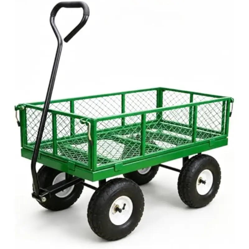 Heavy-Duty Steel Garden Wagon with 600 lb Capacity • 4 Cubic Feet Load Volume • 10 Inch Pneumatic Tires • 180 Degree Rotating Cu