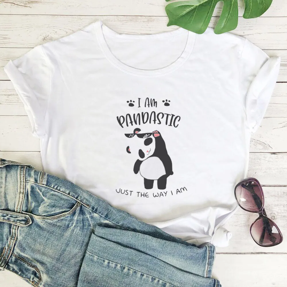 

Women Cotton O-neck Casual Short Sleeve Tshirt Women Loose Comfortable T-shirt Women I Am Pandastic Graphic Print Tee