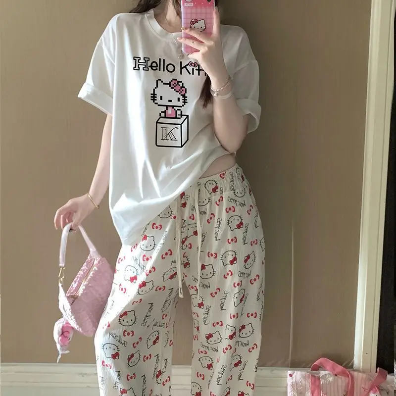 

2Pcs Sanrio Summer Hello Kitty Loose Home Clothing Pajamas Comfortable Kawaii Women New Short Sleeve Trousers Set Cartoon Sweet
